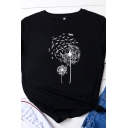 Leisure Women's Tee Top Rolled Cuffs Dandelion Print Round Neck Short-sleeved Loose Fit T-Shirt