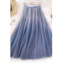 Womens Skirt Fashionable Gradient Color Bright Silk Mesh Midi High Elastic Waist A-Line Swing Skirt
