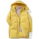 Trendy Women's Down Coat Solid Color Quilted Zipper Fly Button Detailed Long Sleeves Hooded Coat