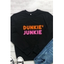 Cool Womens T-Shirt Letter Dunkie Junkie Print Regular Fitted Long Sleeve Crew Neck Tee Top