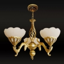 3-Bulb Opal Glass Chandelier Antique Gold Scalloped Restaurant Hanging Ceiling Light