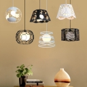 Black/White Single Pendant Light Loft Style Iron Oval/Spring/Octagon Cage Hanging Lamp with Inner Ball Milk Glass Shade