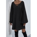 Stylish Women Sweater Dress Solid Color Ribbed Knit Lace up Front Long Bishop Sleeves V Neck Regular Fitted Sweater Dress