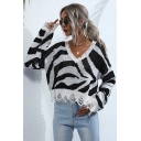 Classic Womens Sweater Zebra Stripe Pattern Frayed Edge Drop Shoulder V Neck Long Sleeve Relaxed Fitted Sweater