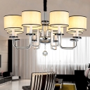 Fabric Drum Shade Chandelier Countryside 4/6/8-Bulb Sitting Room Hanging Light Fixture in White with Crystal Orb