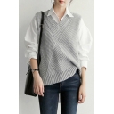 Trendy Women's Sweater Vest Solid Color Ribbed Knit V Neck Sleeveless Regular Fitted Sweater Vest