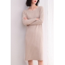 Elegant Women's Sweater Dress Solid Color Ribbed Knit Round Neck Long Sleeves Regular Fitted Sweater Dress