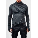 Retro Mens Tee Top Solid Color Pleated Detail Finger Hole Long Sleeves Fitted T-Shirt