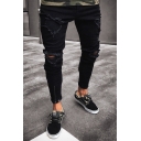 Novelty Mens Jeans Panel Ripped Zipper Vents Ankle Length Slim Fit Tapered Jeans