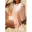 Holiday Style T-Shirt Dress Hollow out Ruched Stripe Knitted Asymmetrical Hem V Neck Short Sleeves T-Shirt Dress for Women