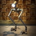 Industrial Pipe Robot Table Lamp 1-Light Iron Nightstand Light in Silver, Warm/White Light