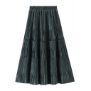 Retro Womens Skirt Pleuche Pleated Frill Trim Panel Midi High Elastic Waist A-Line Skirt