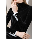 Basic Womens T-Shirt Velvet Contrast Ruffle-Cuff Patchwork Button Detail Slim Fitted Mock Neck Long Sleeve Bottoming T-Shirt
