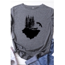 Stylish Women's T-Shirt Landscape Tree Pattern Rolled Cuffs Crew Neck Short Sleeves Loose Fit Tee Top