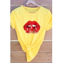 Fancy Women's Tee Top Lips Fingers Pattern Crew Neck Rolled Short Sleeves Fitted T-Shirt