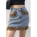 Trendy Women's Skirt Patchwork Contrast Hem Leopard Print Pocket Design High Waist Straight Short Denim Skirt