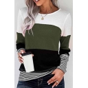 Womens Sweater Stylish Color Block Pinstripe-Patchwork Slim Fitted Crew Neck Long Sleeve Sweater
