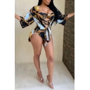 Stylish Women's Two Piece Set Chain Print Hollow out off the Shoulder Tank Top with Twist Front Asymmetrical Swimwear Co-ords