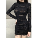 Retro Womens Bodycon Dress Distressed Broken Hole Patchwork Mesh Long Sleeves Crew Neck Slim Fitted Bodycon Dress