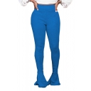 Womens Pants Trendy Solid Color Ruffle Hem Mid Waist Full Length Slim Fit Flare Lounge Pants