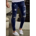 Mens Jeans Fashionable Faded Wash Distressed Zipper Fly Skinny Fitted 7/8 Length Tapered Jeans