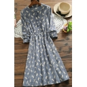 Stylish Blouse Dress All over Cartoon Figure Print Banded Waist Button Detail Pleated Round Neck Long-sleeved Regular Fit Blouse Dress for Women