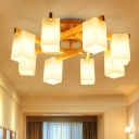 3/5/8 Lights Bedroom Semi Flush Nordic Wooden Ceiling Mount Chandelier with Rectangle Ivory Glass Shade