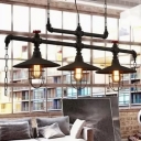Wrought Iron Black Island Pendant Saucer Shade 2/3 Bulbs Industrial Pipe Hanging Light with Cage and Chain