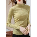 Leisure T-Shirt Fold Knit Ribbed Trim Mock Neck Long-sleeved Fitted Tee Top for Women