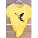 Creative Tee Top Feather Birds Pattern Rolled Cuffs Round Neck Short Sleeves Fitted T-Shirt for Women