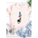 Elegant Women's T-Shirt Abstract Cartoon Planet Figure Printed Round Neck Rolled Short Sleeves Regular Fitted Tee Top