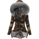 Retro Womens Coat Camo Fur-Trimmed Hood Mid-Length Zipper down Slim Fit Long Sleeve Parka
