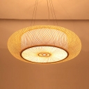 Curved Drum Corridor Hanging Lamp Bamboo 1 Bulb Asian Ceiling Pendant with Inner Shade in Beige, 18