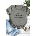 Vintage Womens T-Shirt Letter My Smile Is My Weapon Pattern Regular Fitted Round Neck Short Sleeve T-Shirt