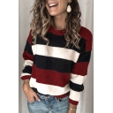 Basic Womens Sweater Contrast Stripe Pattern Round Neck Long Sleeve Relaxed Fitted Sweater