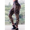 Stylish Women's Gym Leggings All over Leopard Printed Contrast Stripe High Waist Full Length Skinny Running Pants