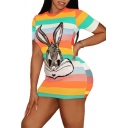 Retro Womens Dress Rabbit Rainbow Stripe Pattern Sequin Mini Slim Fitted Round Neck Short Sleeve Bodycon Dress