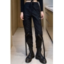 Cool Womens Pants Solid Color Buckle Embellished Flap Pockets Zip Detail Ankle Tied Mid Waisted Regular Fitted Pants