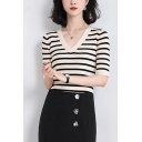 Fashionable Women's Tee Top Stripe Pattern Contrast Trim Ribbed Knit V Neck Short-sleeved Slim Fitted T-Shirt