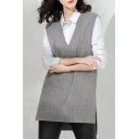 Leisure Women's Sweater Vest Plain Ribbed Trim High-Low Hem Side Slit V Neck Sleeveless Regular Fitted Sweater Vest