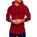 Stylish Men's Tee Top Solid Color Zipper Pocket Asymmetrical Hem Long Sleeves Slim Fitted Hooded T-Shirt