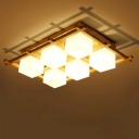 Cream Cube Glass Square/Rectangle Flushmount Nordic 4/6/9-Light Wood Semi Flush Ceiling Light Fixture