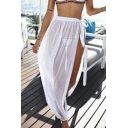 Womens Wrap Skirt Fashionable Solid Color Tie Side See-Through Maxi Cover-up Beach Skirt