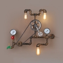 Piping System Metal Wall Lamp Industrial 3 Heads Garage Wall Mount Light Fixture with Gauge and Wheel in Bronze