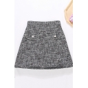 Retro Womens Skirt Pocket Flap Pearl Decorated Tweed Anti-Emptied Mini High Waist A-Line Skirt