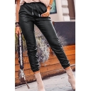 Novelty Womens Pants Solid Color Pocket Flap Design PU Leather Drawstring Waist Regular Fit 7/8 Length Tapered Relaxed Pants