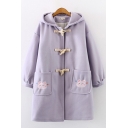 Unique Women's Coat Horn Button Cartoon Mouse Embroidered Banded Cuffs Hooded Long-sleeved Relaxed Fit Coat