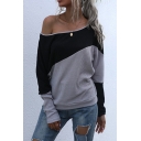 Basic Womens T-Shirt Contrast Panel off Shoulder Long Sleeve Loose Fitted Bottoming T-Shirt