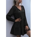 Elegant Women's Blouse Dress Solid Color Ruffles Pleated Drawstring Banded Hem Round Neck Long Sleeves Relaxed Fit Blouse Dress
