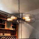 5 Lights Round Cage Chandelier Industrial Black Iron Suspension Pendant Light for Living Room, 19